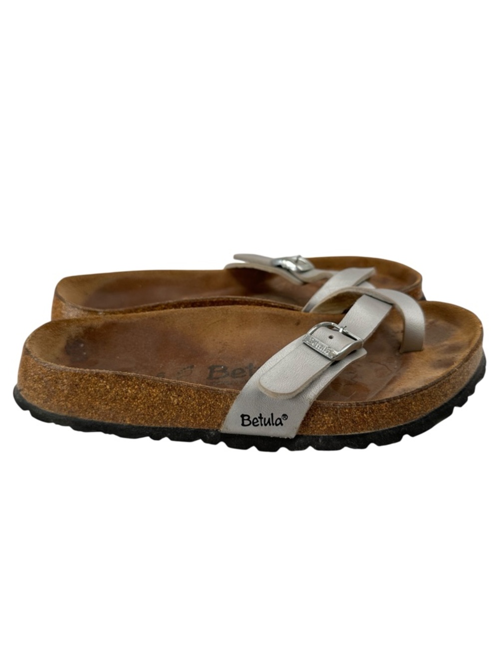 Betula Birkenstock Piazza Toe Loop Sandals Silver Cork Footbed Womens 6